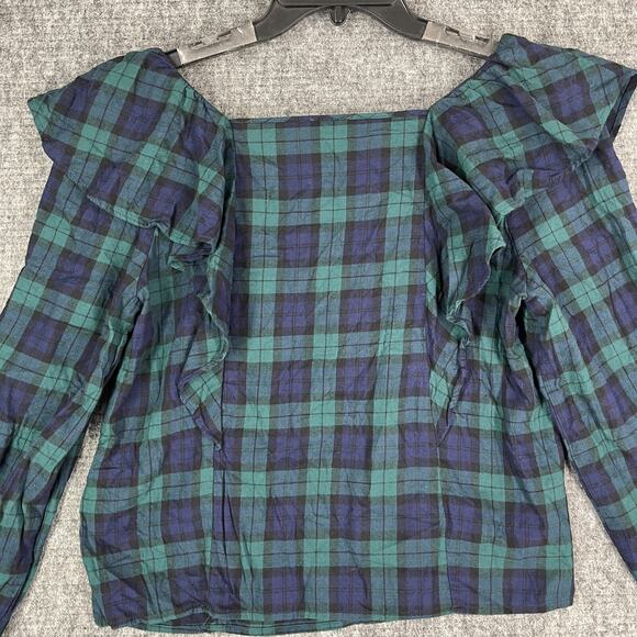 J Crew‎ Shirt Womens Small Square Neck Crop Plaid Ruffled Blouse Business Career - Picture 7 of 11